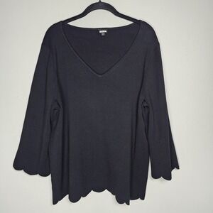 Talbots Womens 2Xp Black Heavy Weight‎ V-neck Top Scalloped Trim Normcore